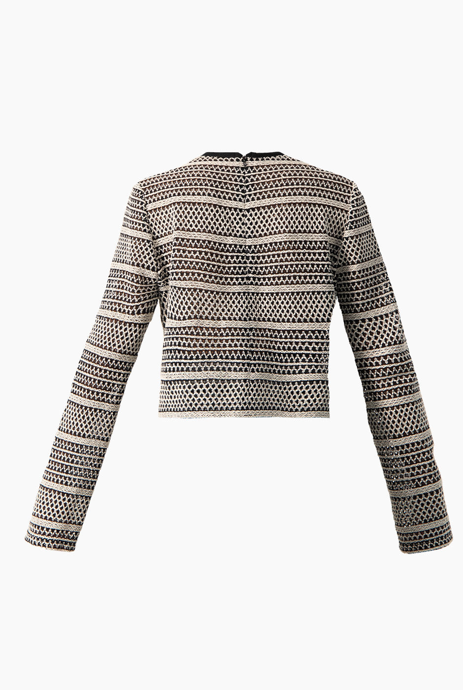 Top tejido corto negro con patrón geométrico y mangas largas