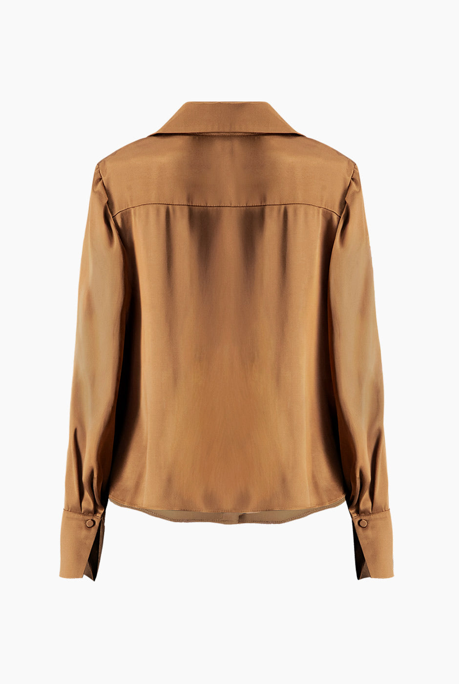 Blusa satinada café de manga larga con botones