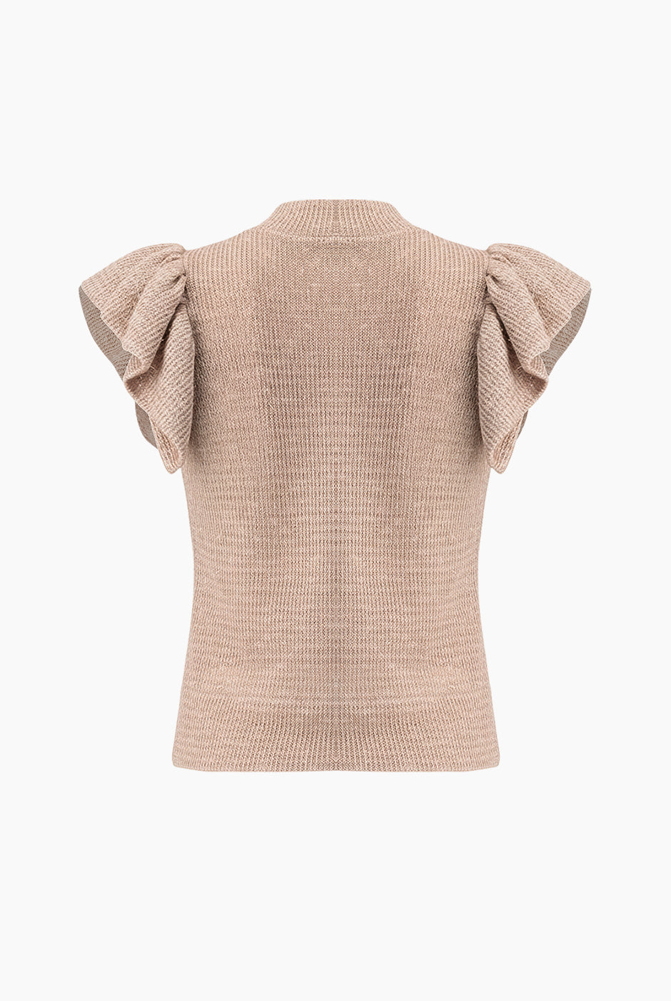 Blusa tejida palo de rosa con mangas de olanes y cuello alto