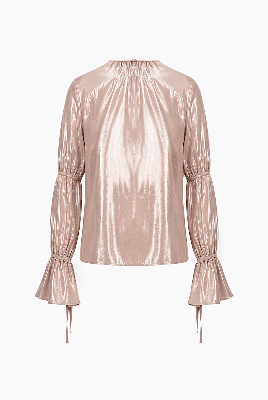 Blusa recta metalizada palo de rosa con lazos y fruncido