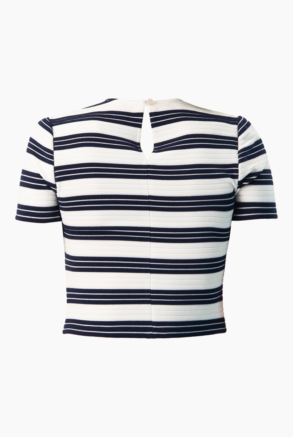 Blusa corta azul marino con estampado de rayas y cuello redondo