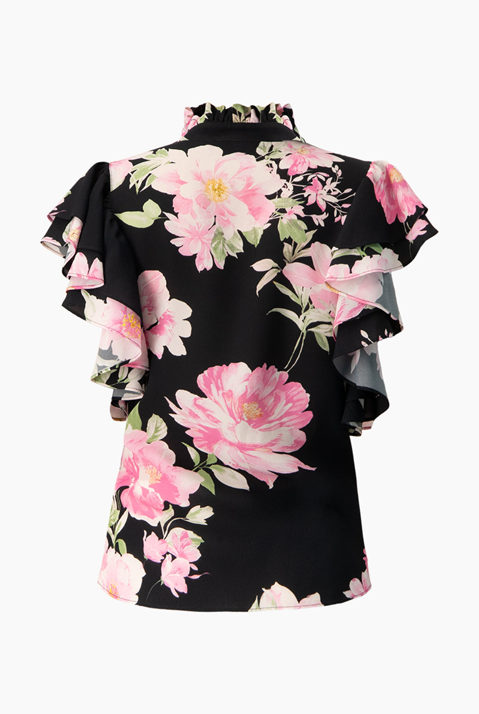 Blusa estampada floral con mangas volantes y cuello alto