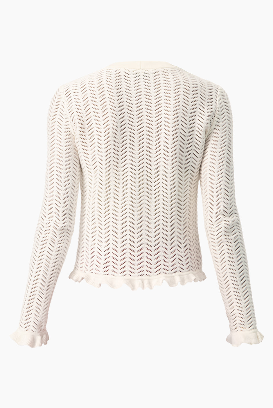 Blusa tejida marfil manga larga con olanes y cuello redondo