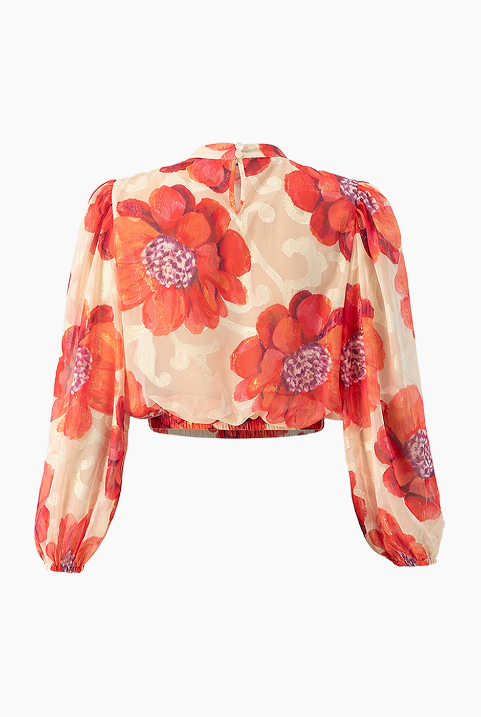 Blusa estampada floral con cuello redondo y manga larga
