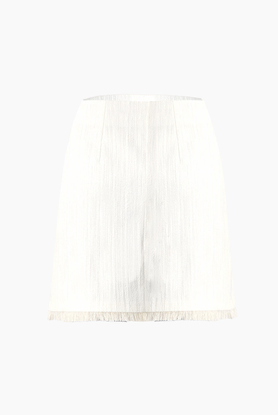 Falda tejida corta marfil con flecos, cierre lateral