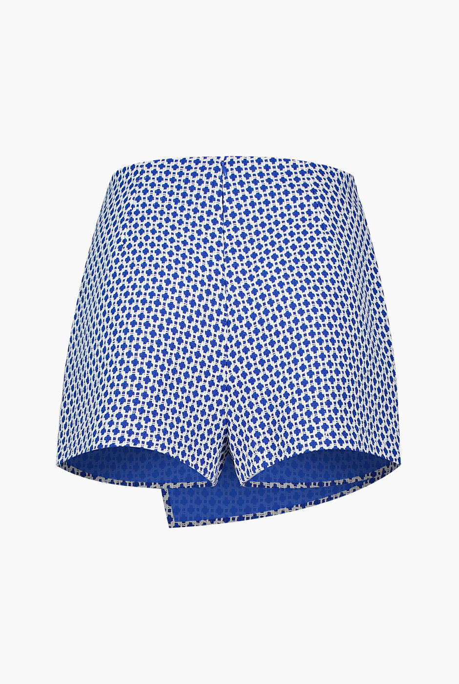 Short sastreado azul con botón frontal y estampado geométrico