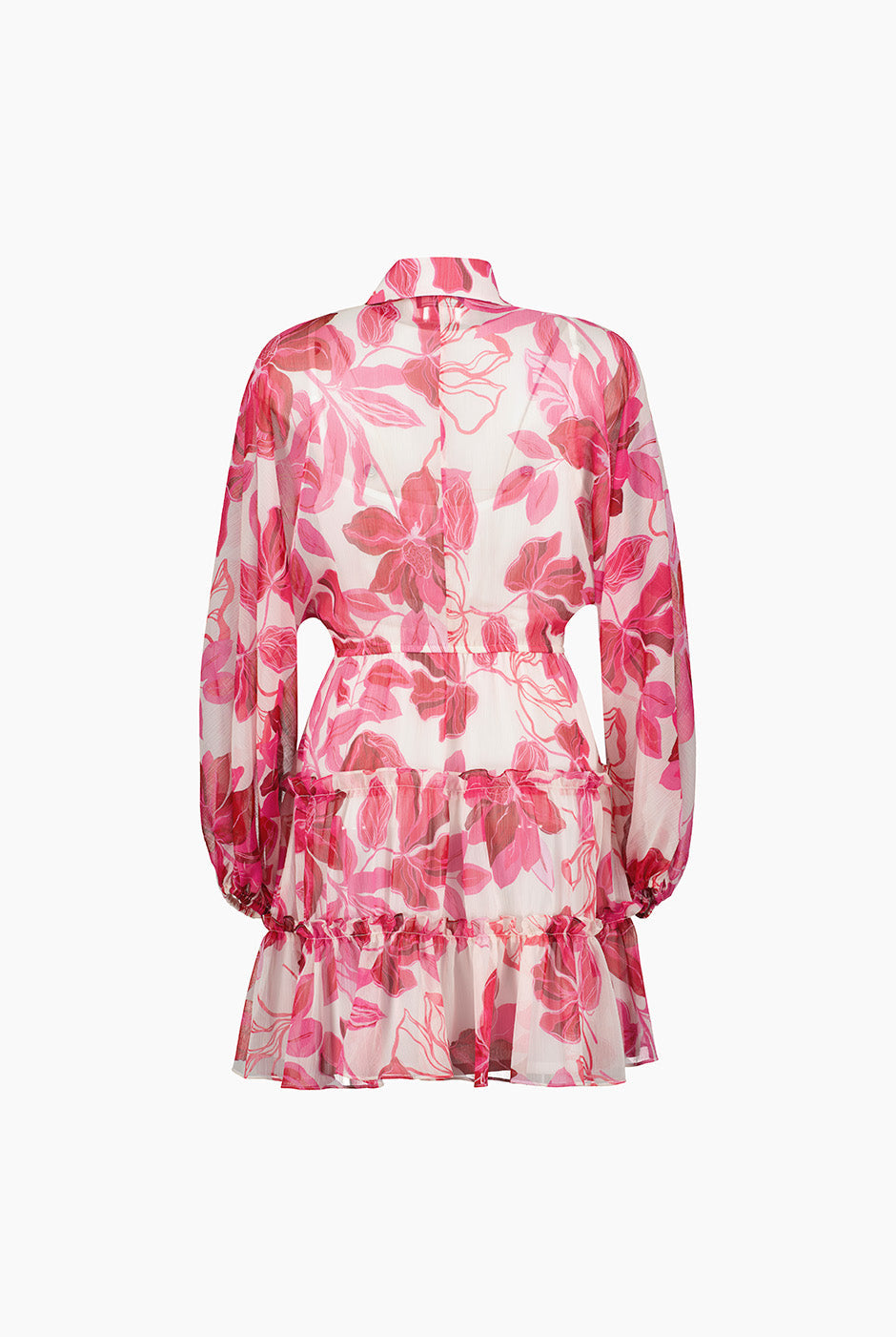 Vestido corto camisero fucsia con estampado floral y volantes