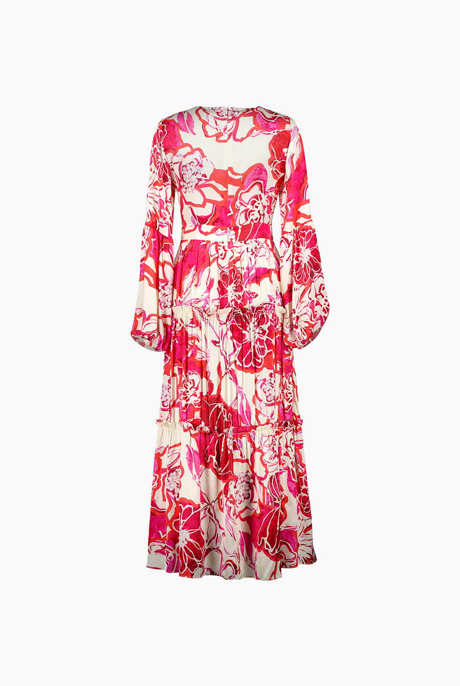 Maxi vestido fucsia con manga larga abullonada y estampado floral