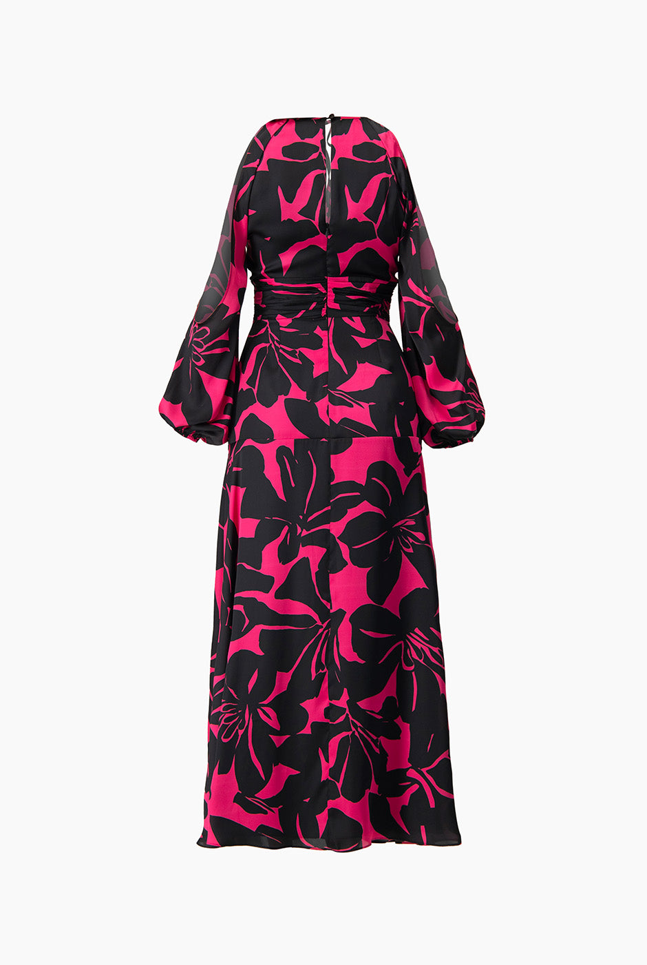 Maxi vestido fucsia con hombros descubiertos y estampado floral