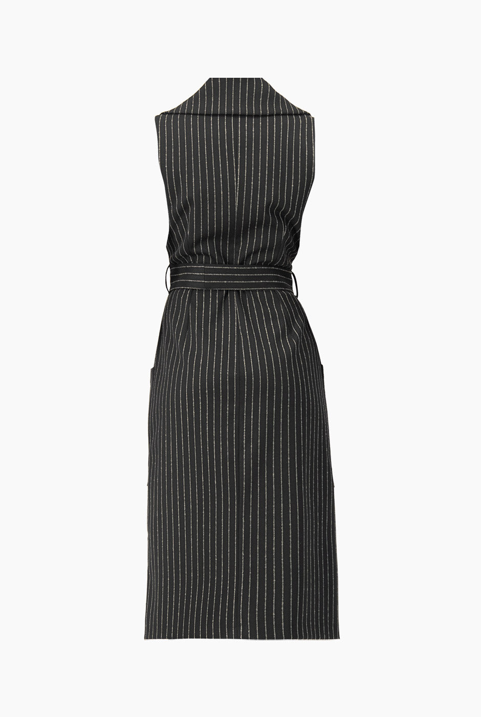 Vestido largo cruzado negro con estampado de rayas y cinturón
