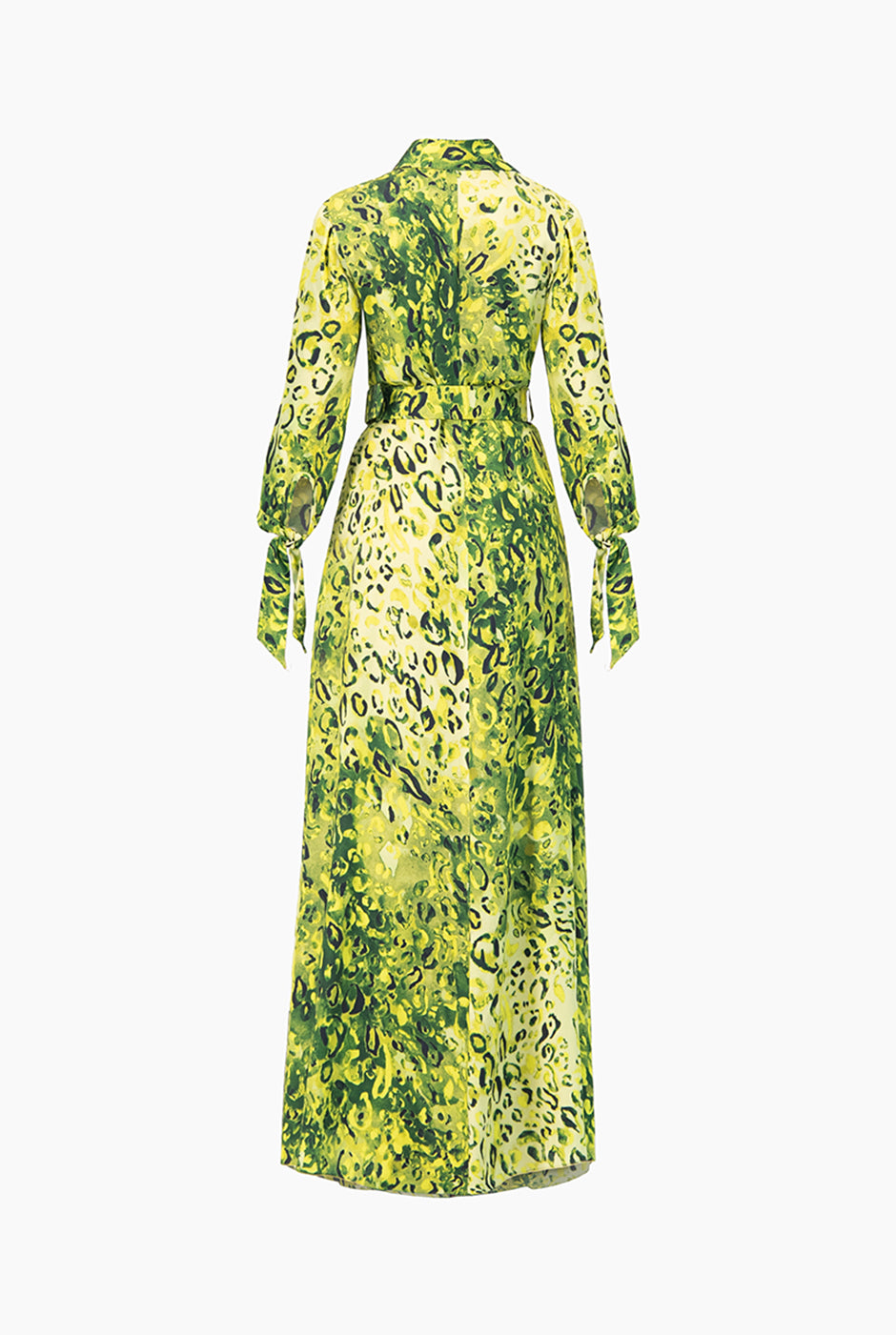 Maxi vestido camisero verde con estampado animal print y cinturón