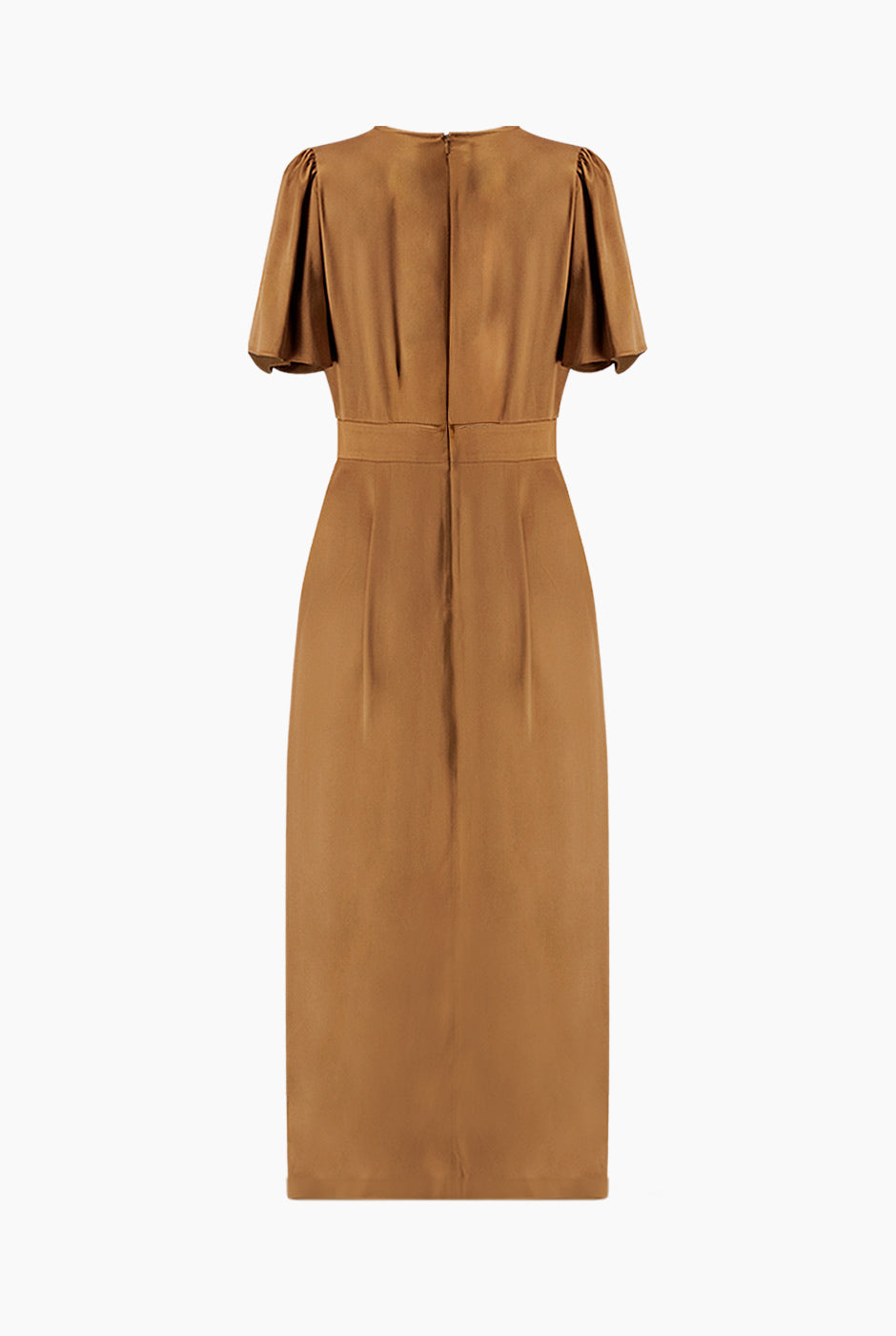 Vestido midi café liso con abertura frontal y manga corta