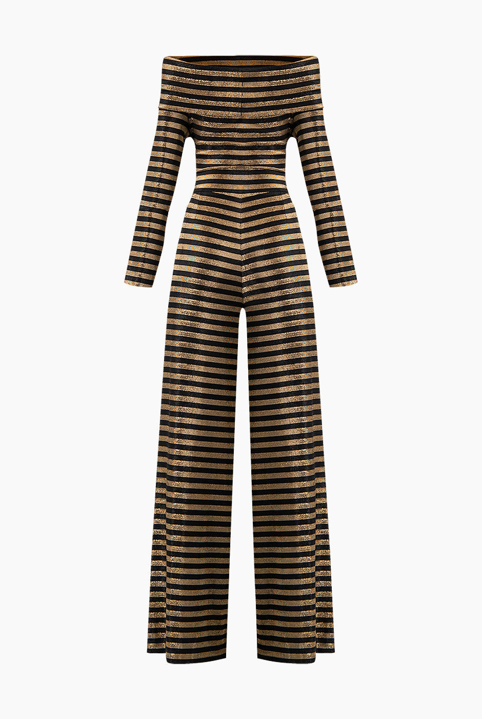 Jumpsuit amplio negro con escote bardot y rayas