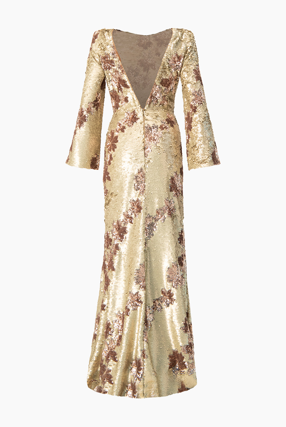 Vestido largo dorado de lentejuelas con espalda descubierta y mangas largas
