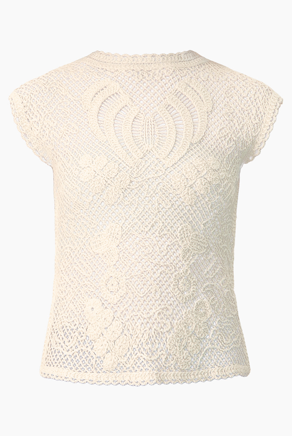 Blusa crochet natural con diseño floral y cuello decorado