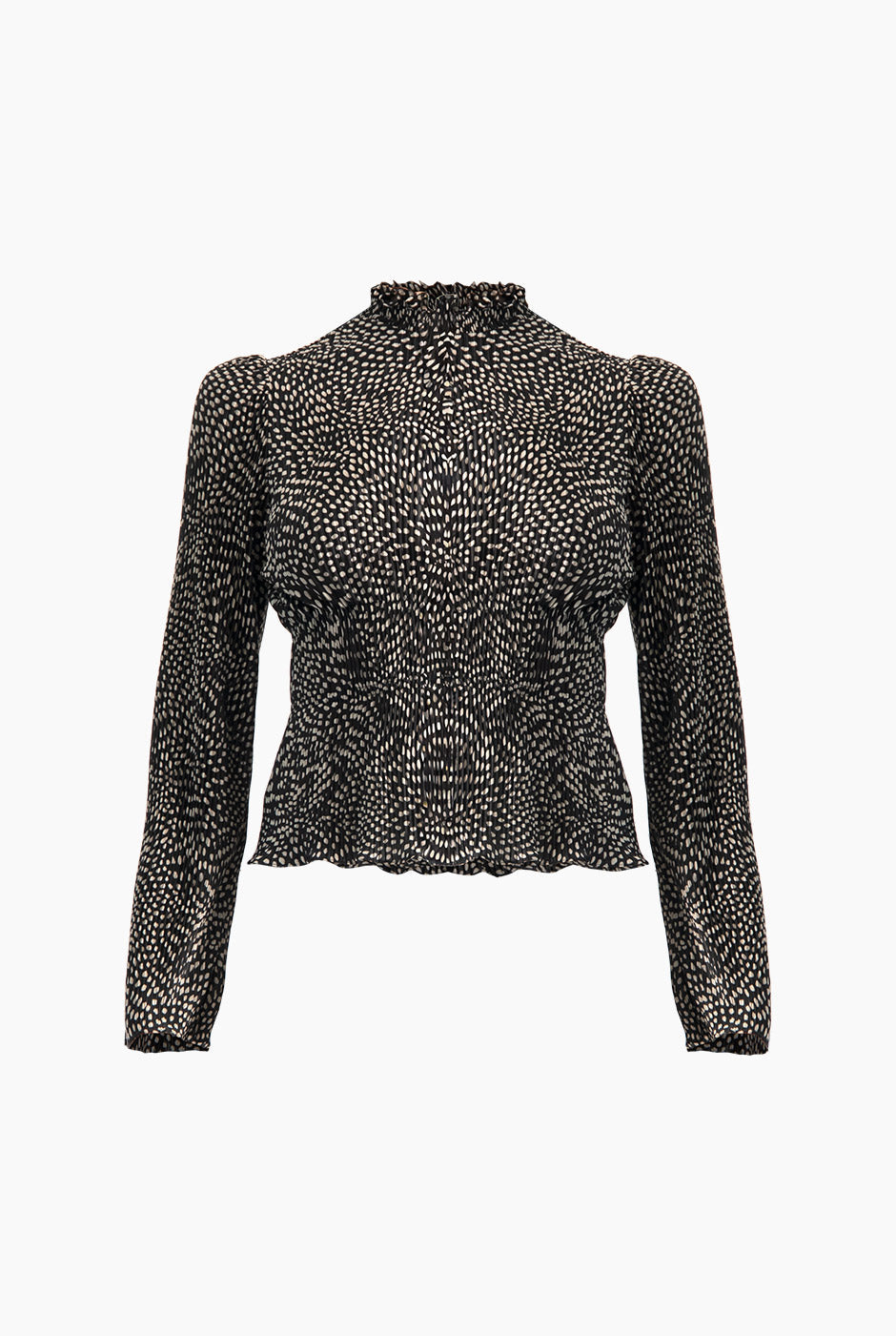 Blusa negra plisada con lunares blancos y cuello alto