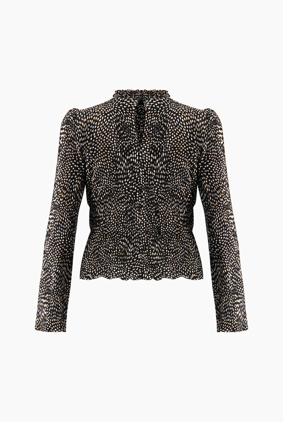 Blusa negra plisada con lunares blancos y cuello alto