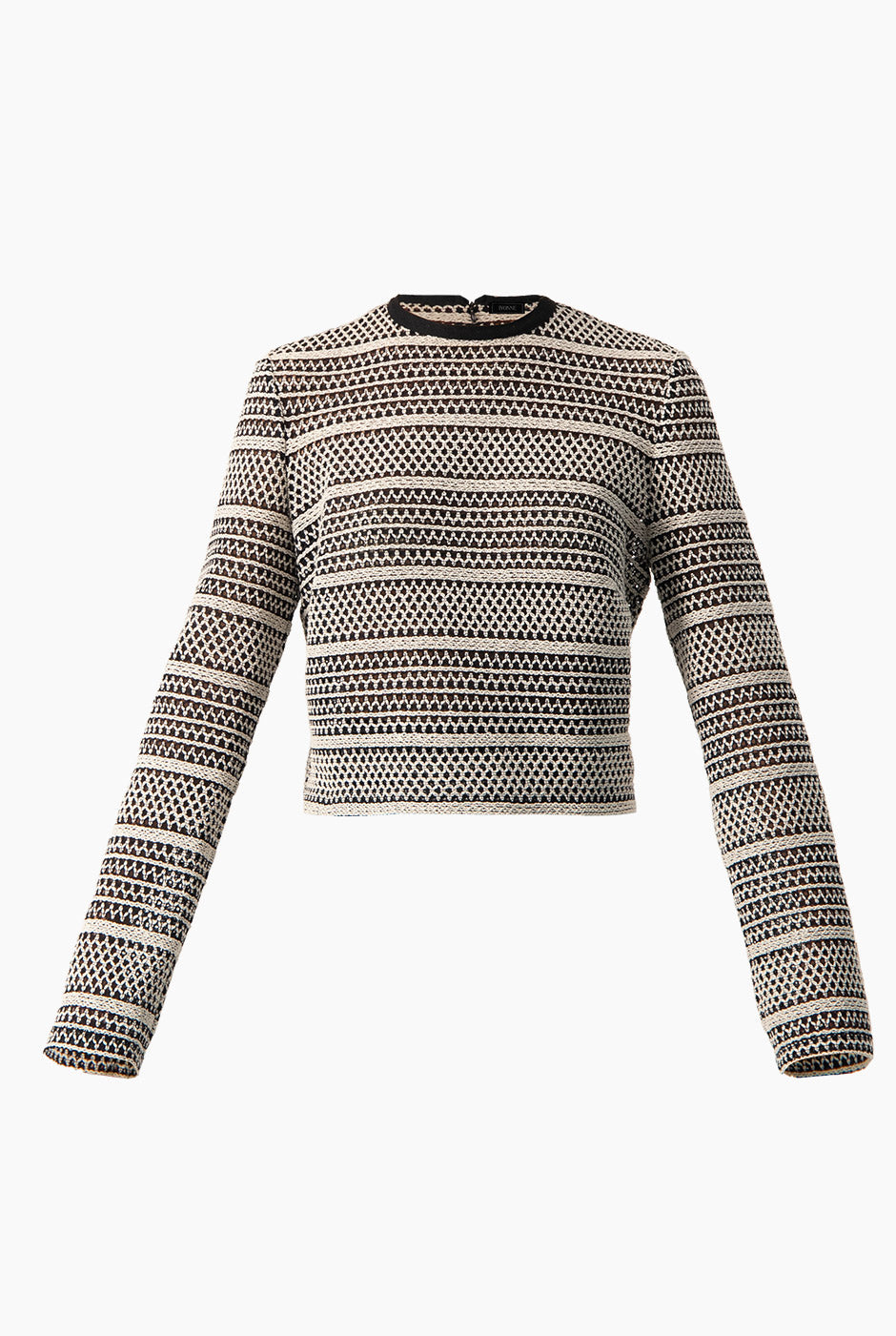 Top tejido corto negro con patrón geométrico y mangas largas