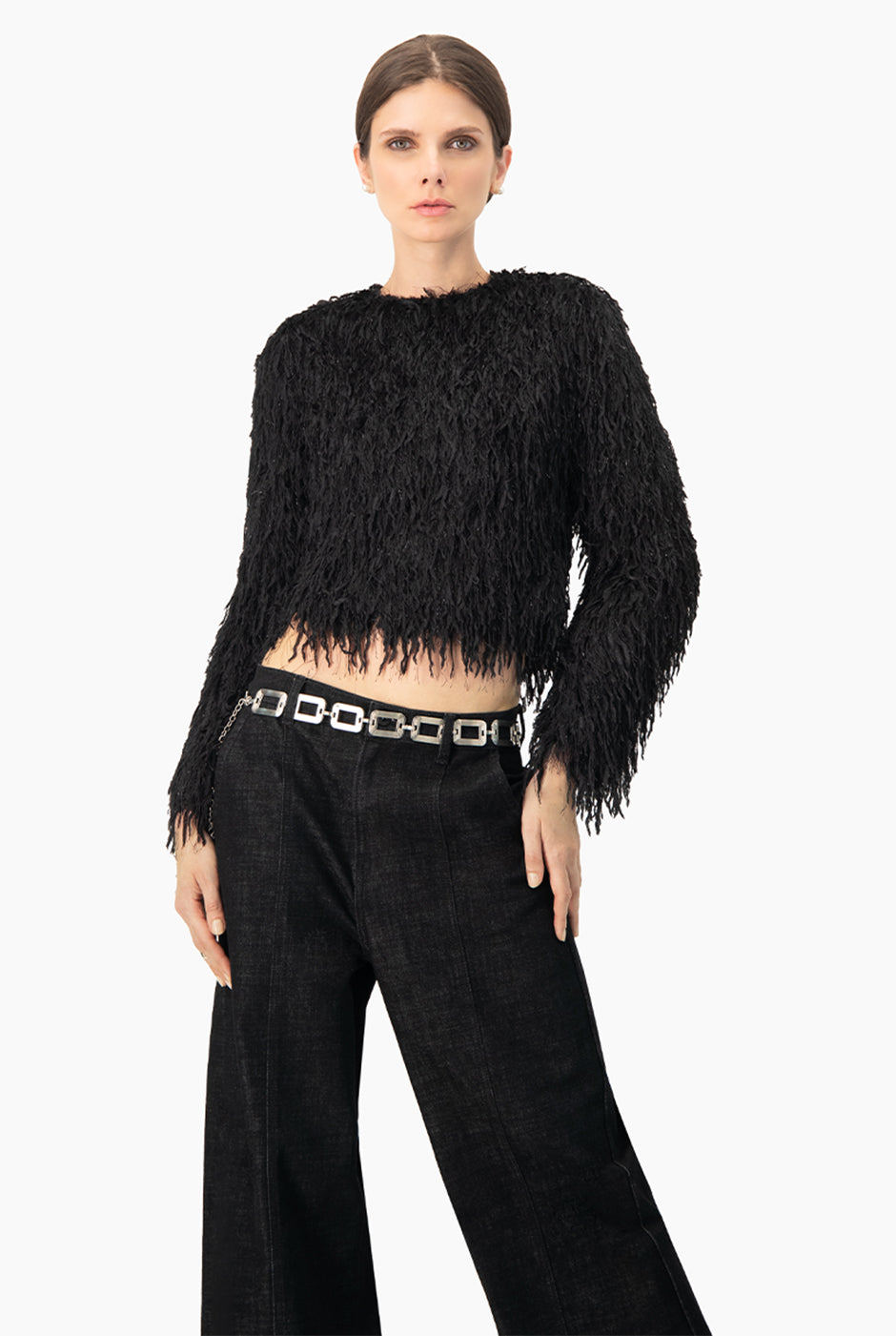 Blusa recta negra de cuello redondo con textura peluche