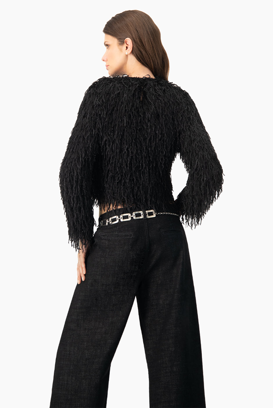 Blusa recta negra de cuello redondo con textura peluche