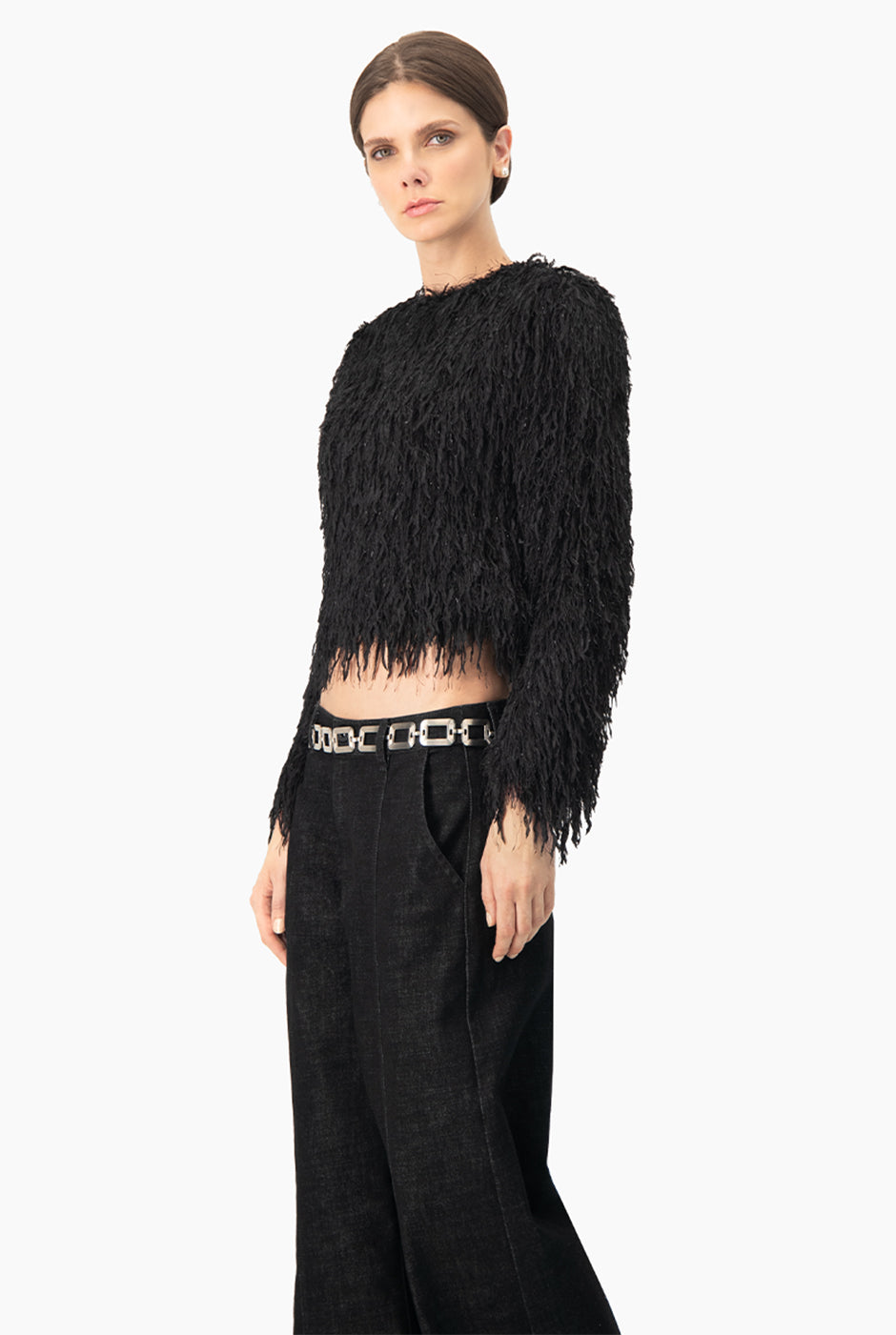 Blusa recta negra de cuello redondo con textura peluche