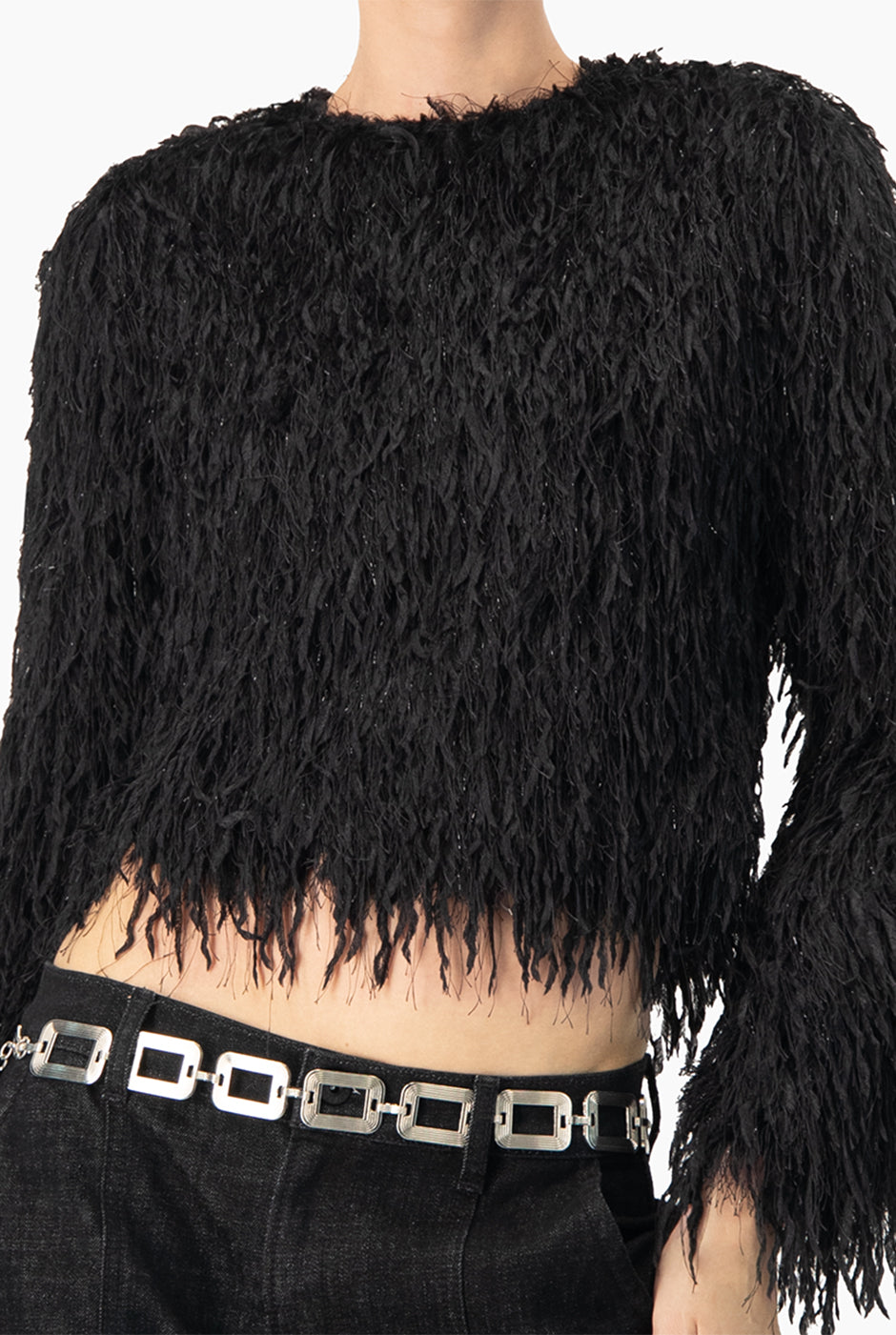 Blusa recta negra de cuello redondo con textura peluche