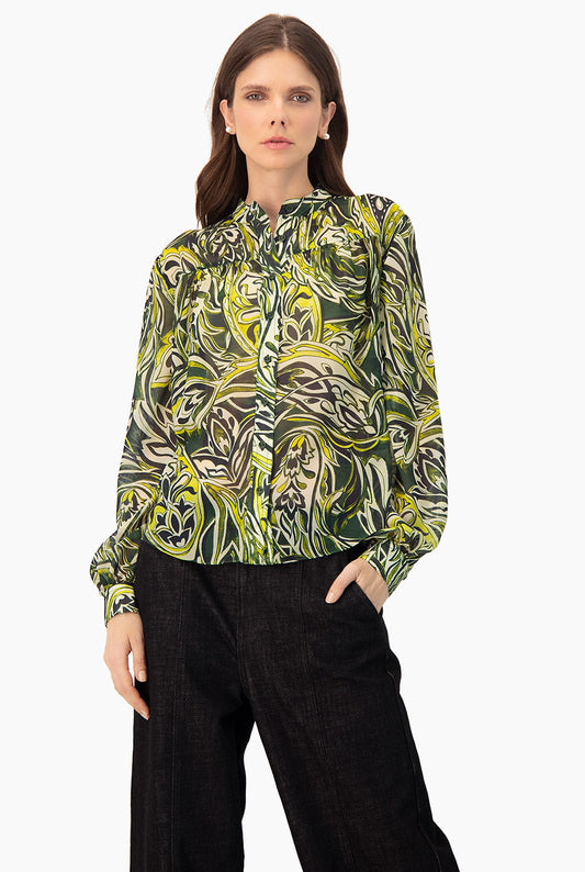 Blusa estampada verde de manga larga y botones frontales