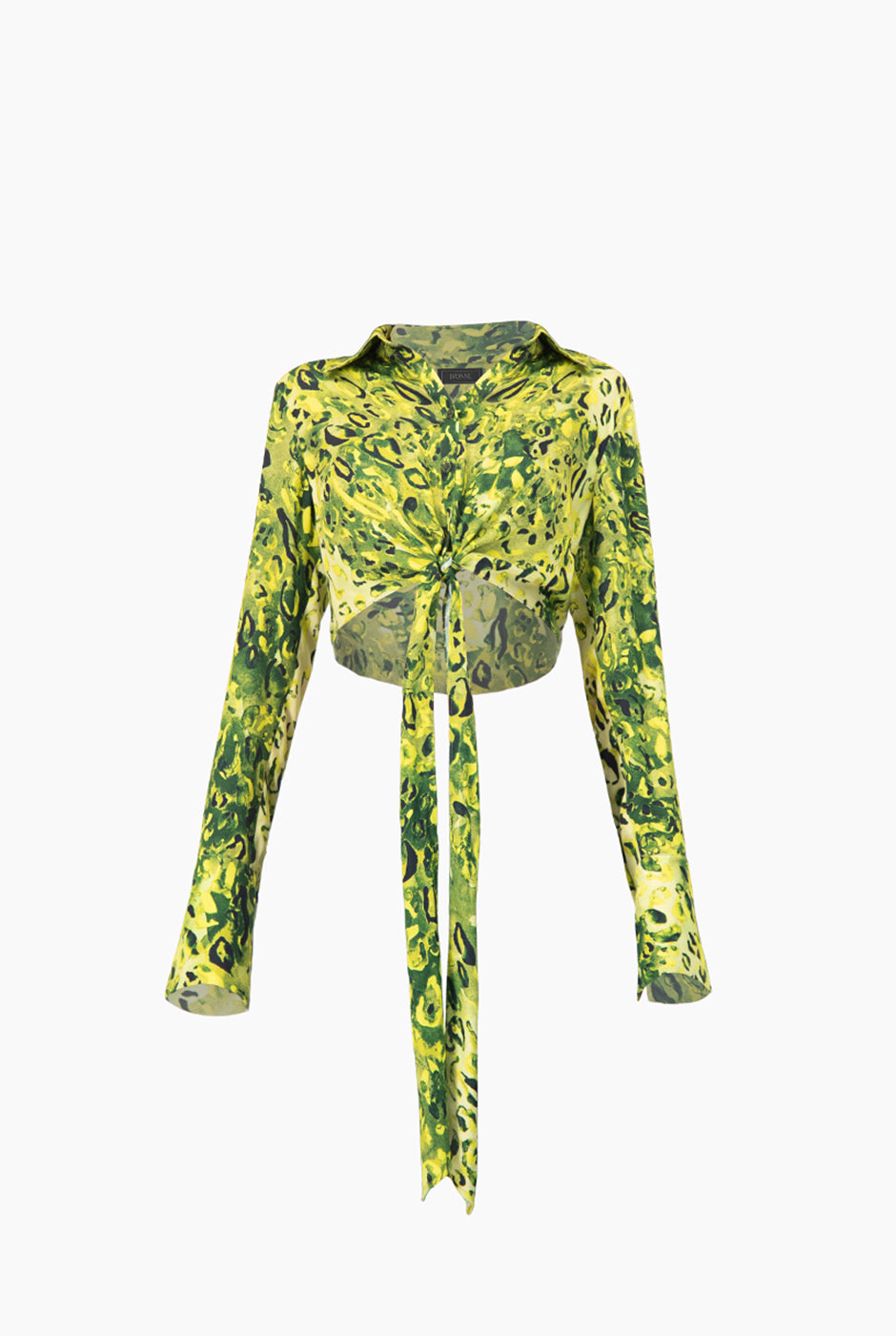 Blusa verde con estampado abstracto y nudo frontal
