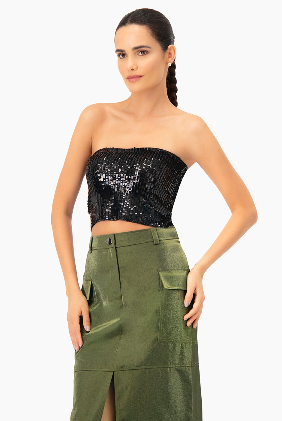 Top tubo negro con lentejuelas, sin mangas, entallado