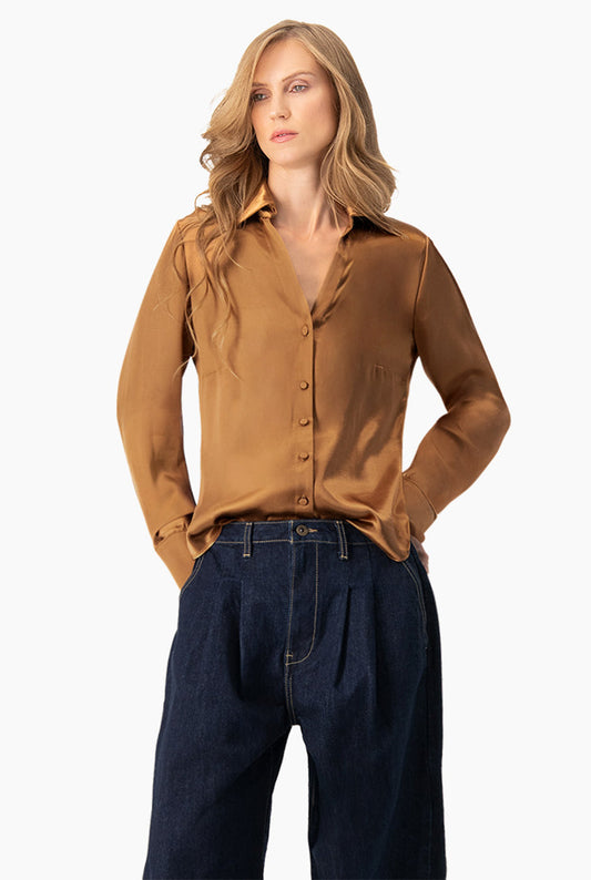Blusa satinada café de manga larga con botones