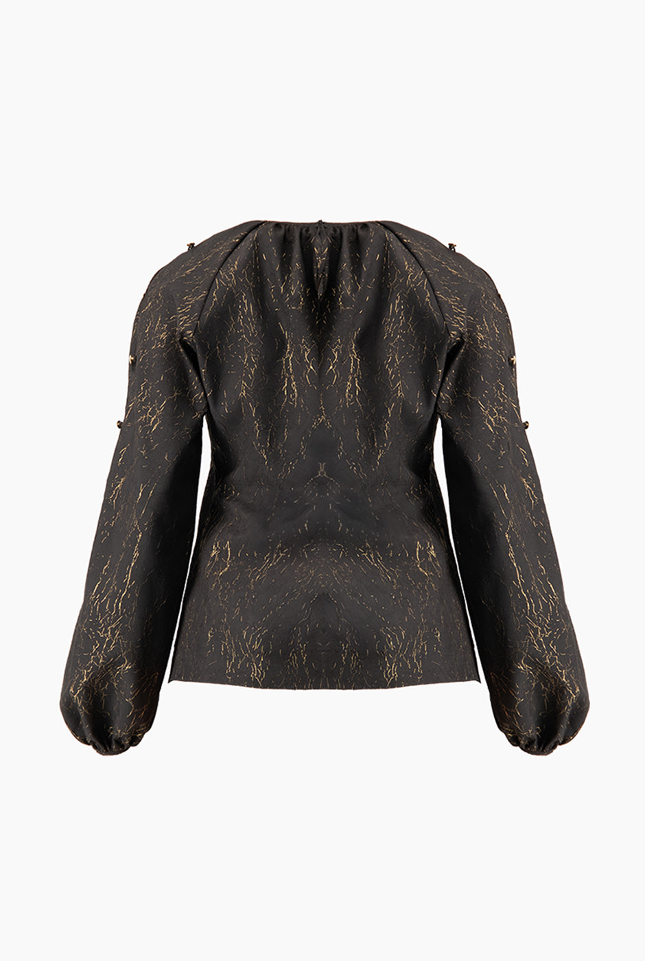 Blusa negra de manga larga con botones y estampado dorado