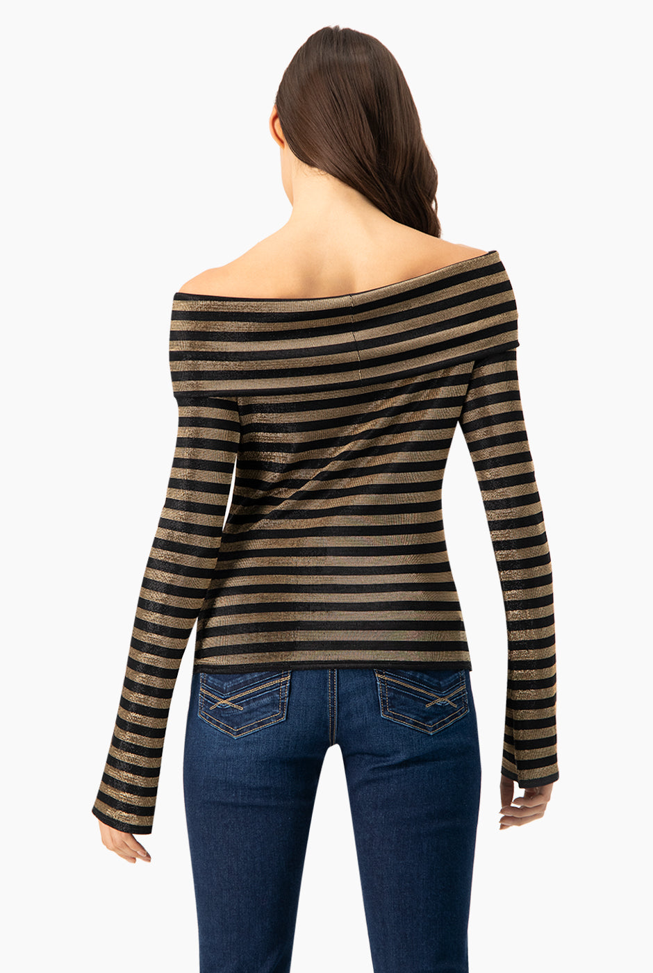 Blusa negra de escote bardot con rayas horizontales