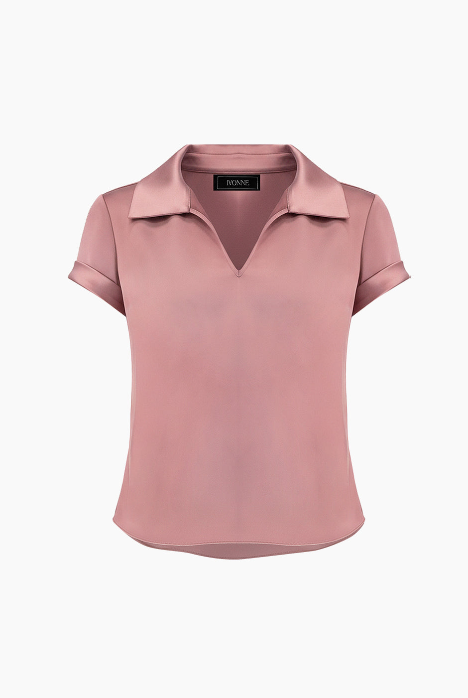 Blusa lisa rosa oscuro con cuello camisero y mangas cortas