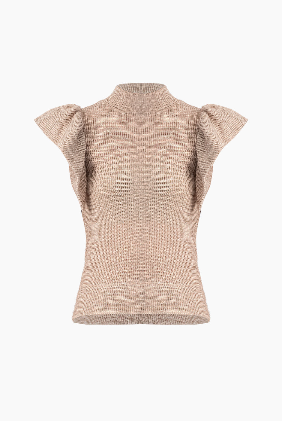 Blusa tejida palo de rosa con mangas de olanes y cuello alto