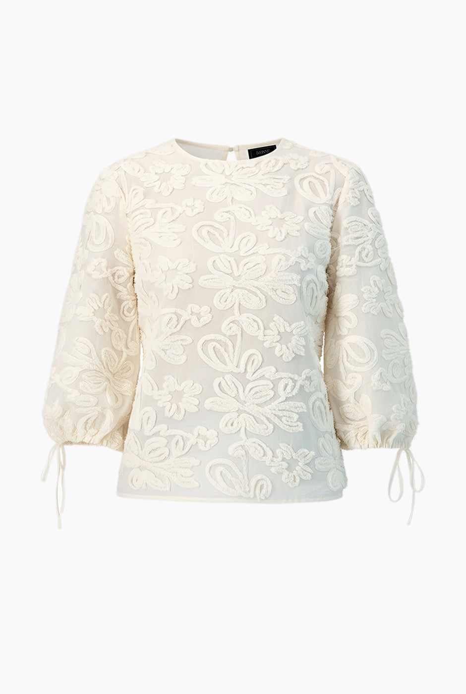 Blusa marfil con amarre y bordados florales en encaje.