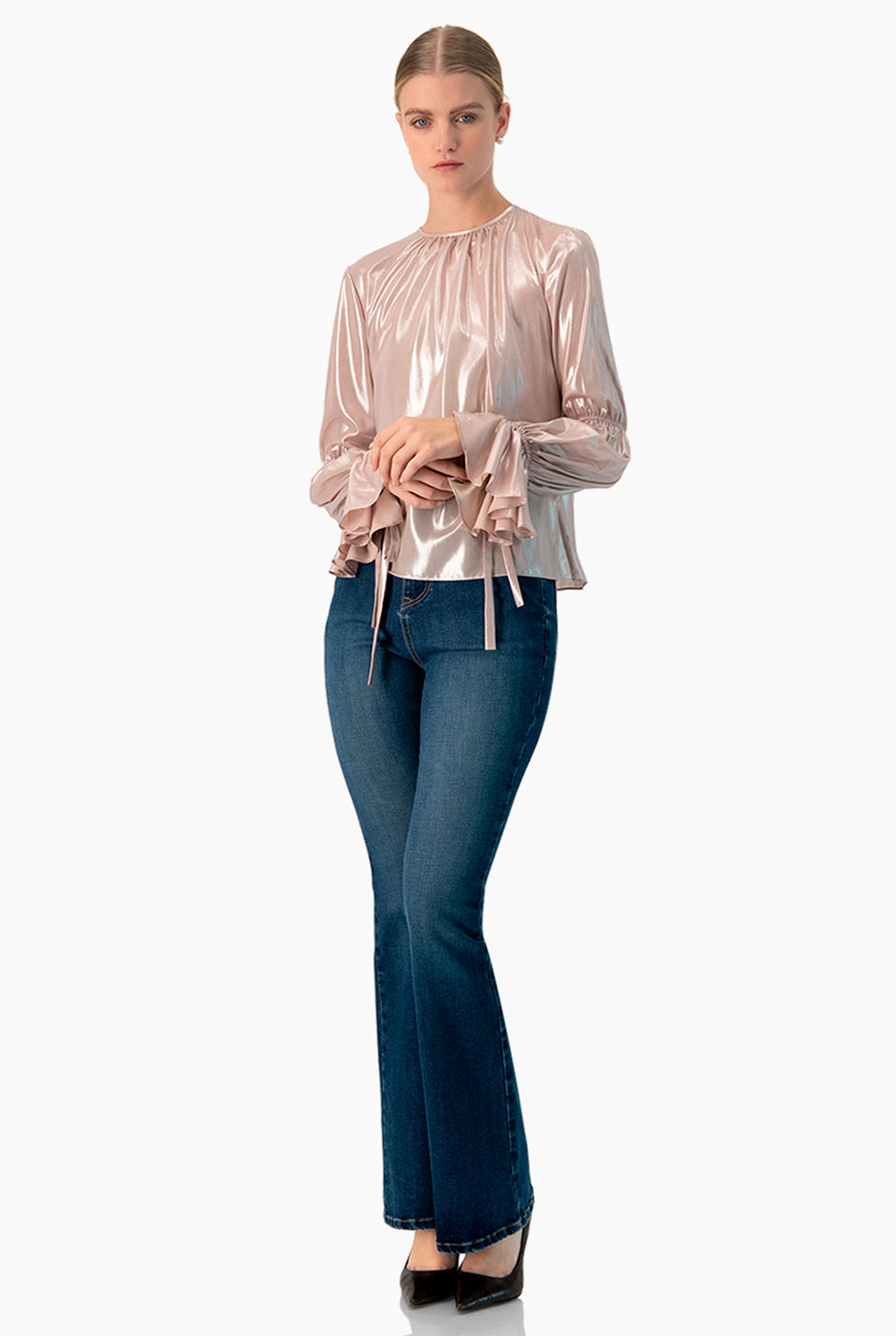 Blusa recta metalizada palo de rosa con lazos y fruncido