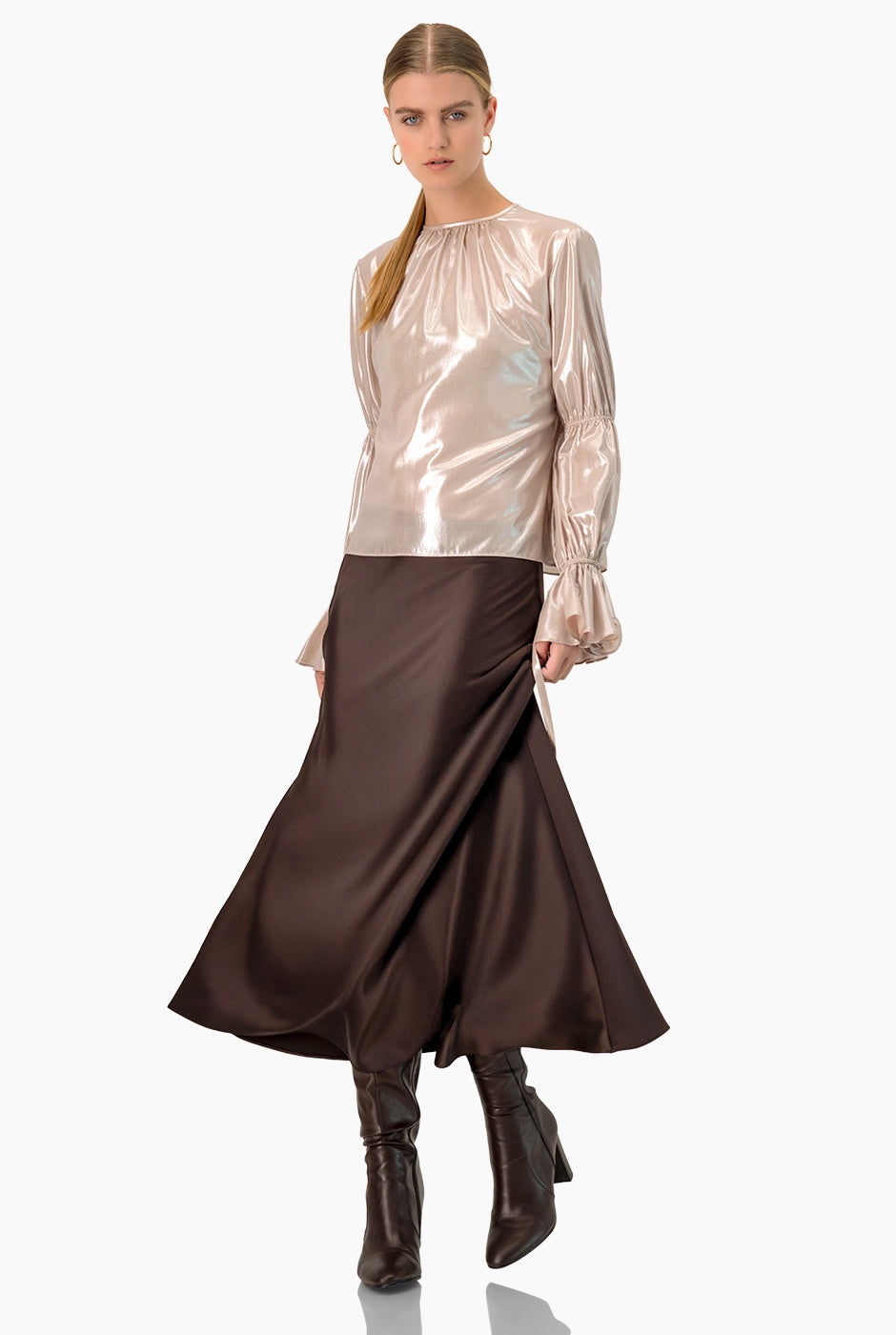 Blusa recta metalizada palo de rosa con lazos y fruncido