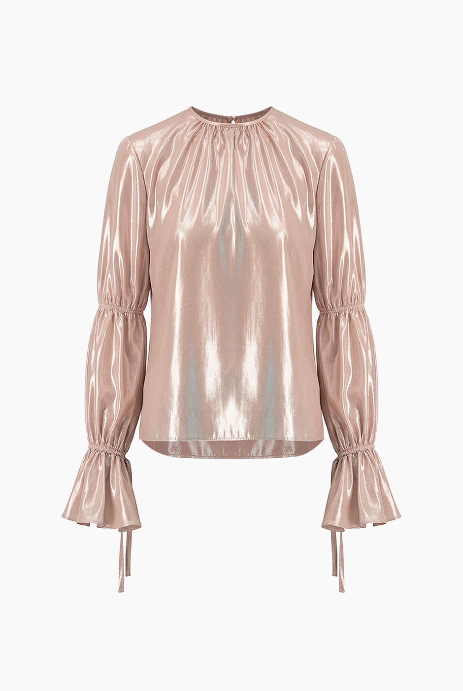Blusa recta metalizada palo de rosa con lazos y fruncido