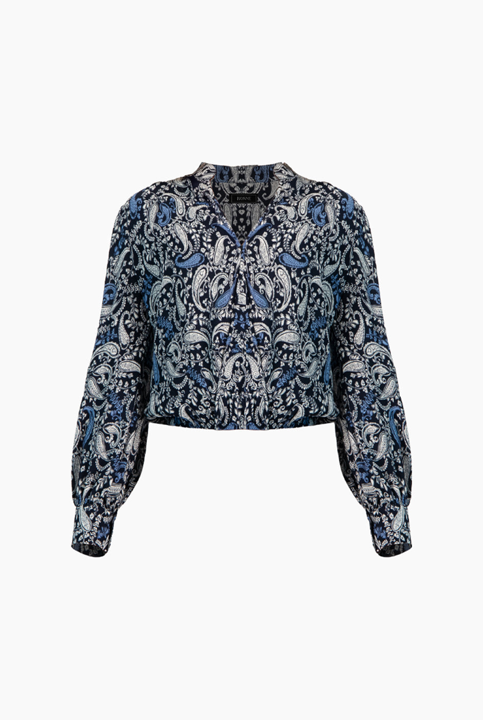 Blusa azul marino con estampado paisley y escote en V