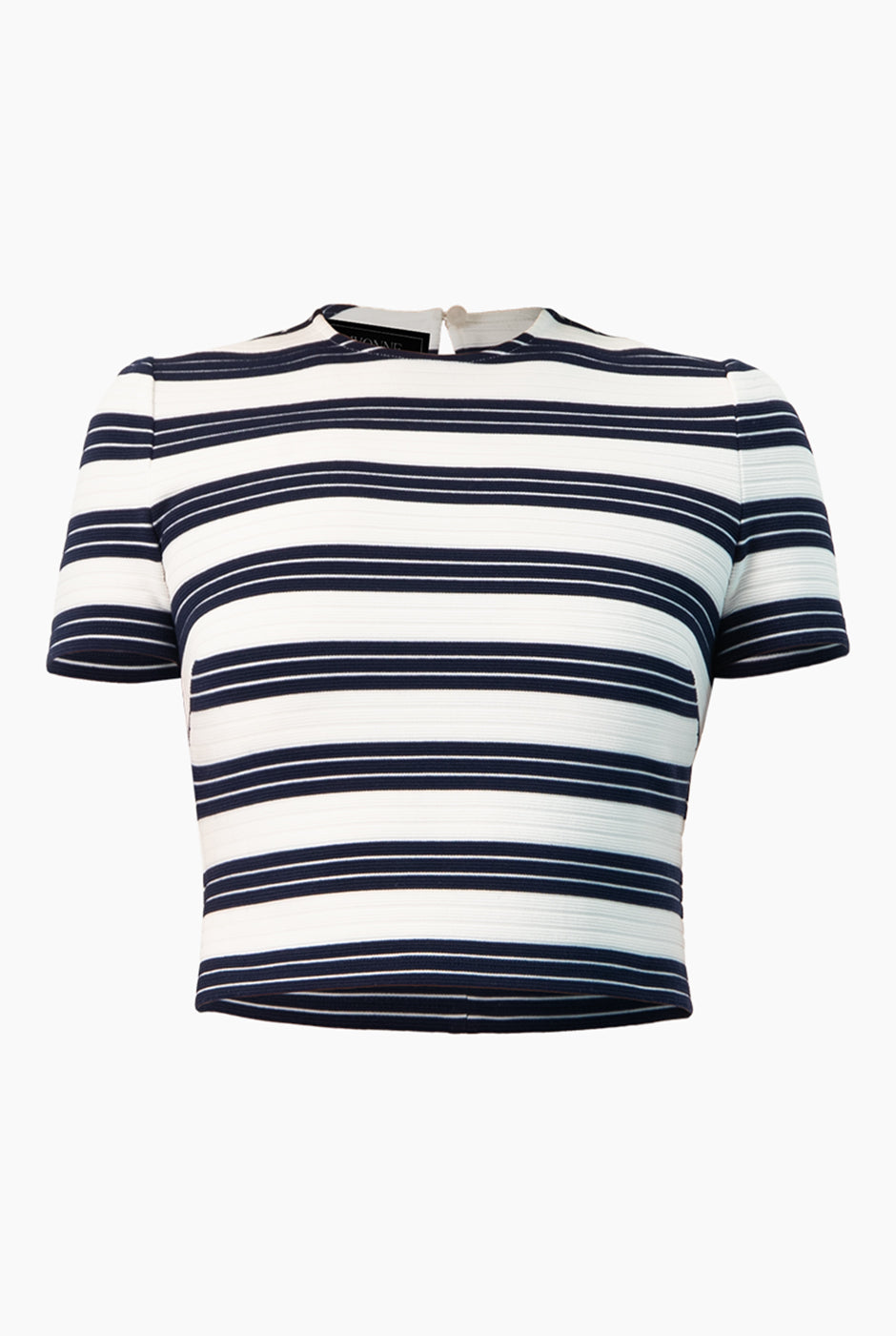 Blusa corta azul marino con estampado de rayas y cuello redondo