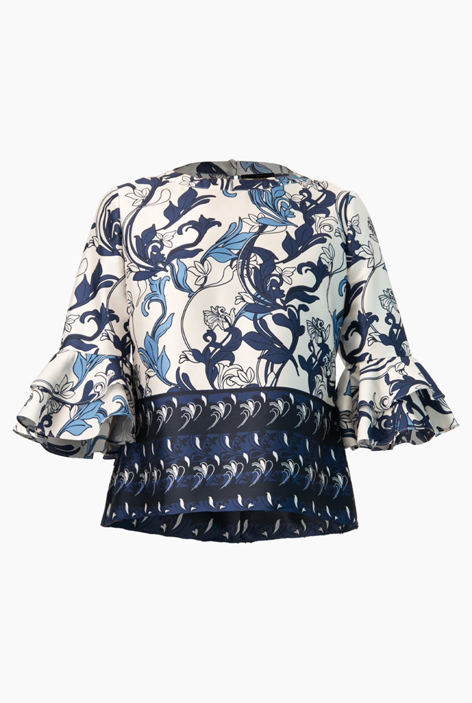 Blusa multicolor con mangas 3/4 y olanes, estampado floral