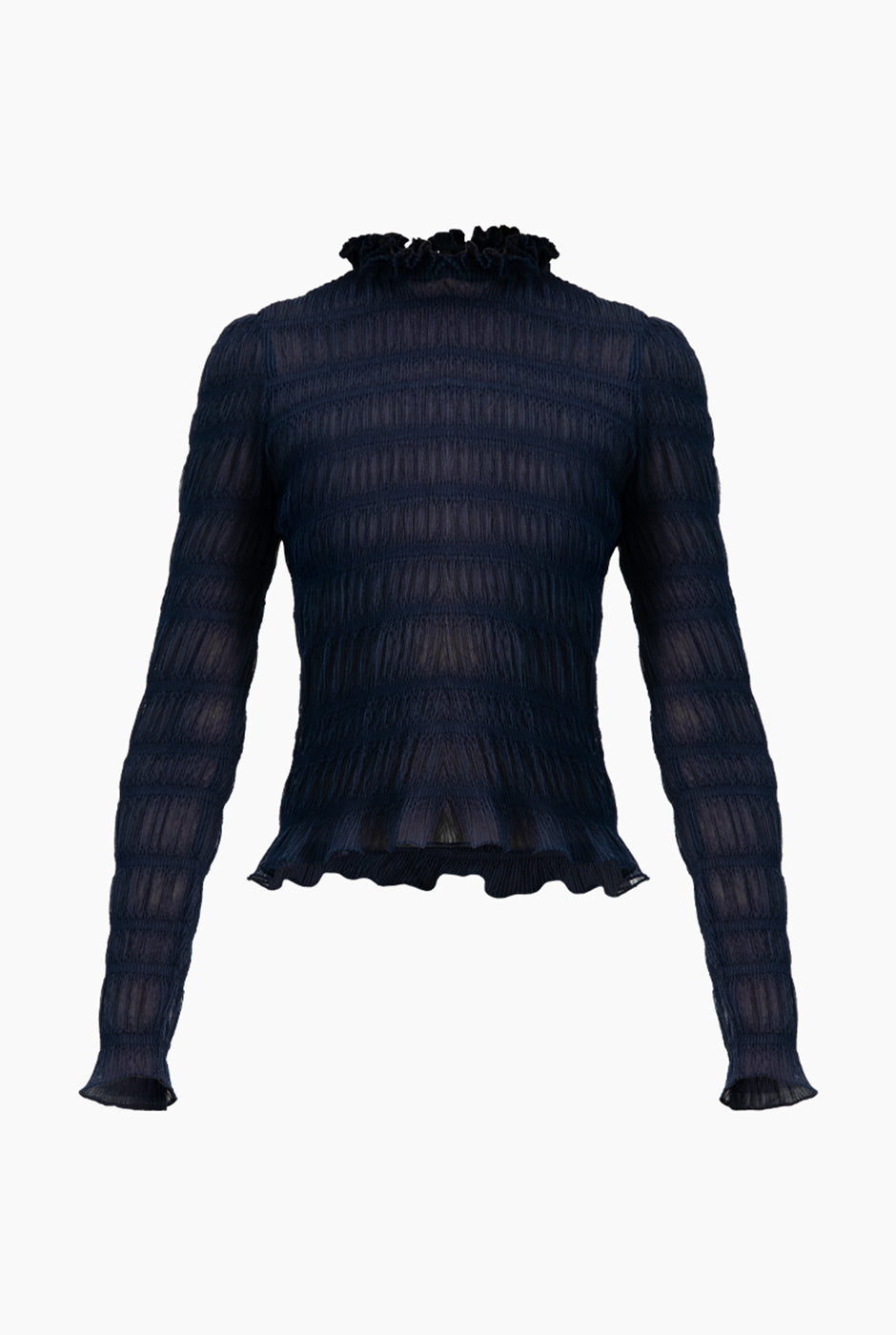 Blusa azul marino con cuello alto y olanes