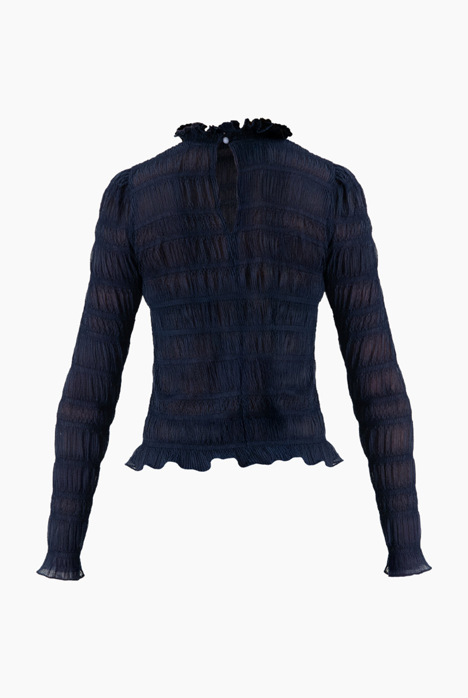 Blusa azul marino con cuello alto y olanes