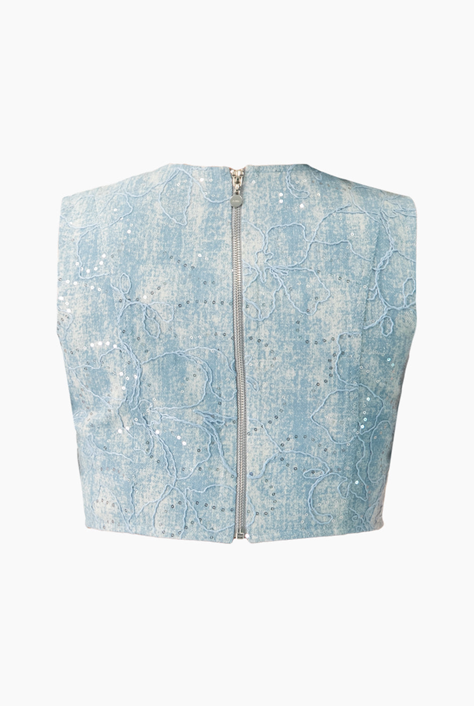 Top denim corto azul sin mangas con cierre trasero