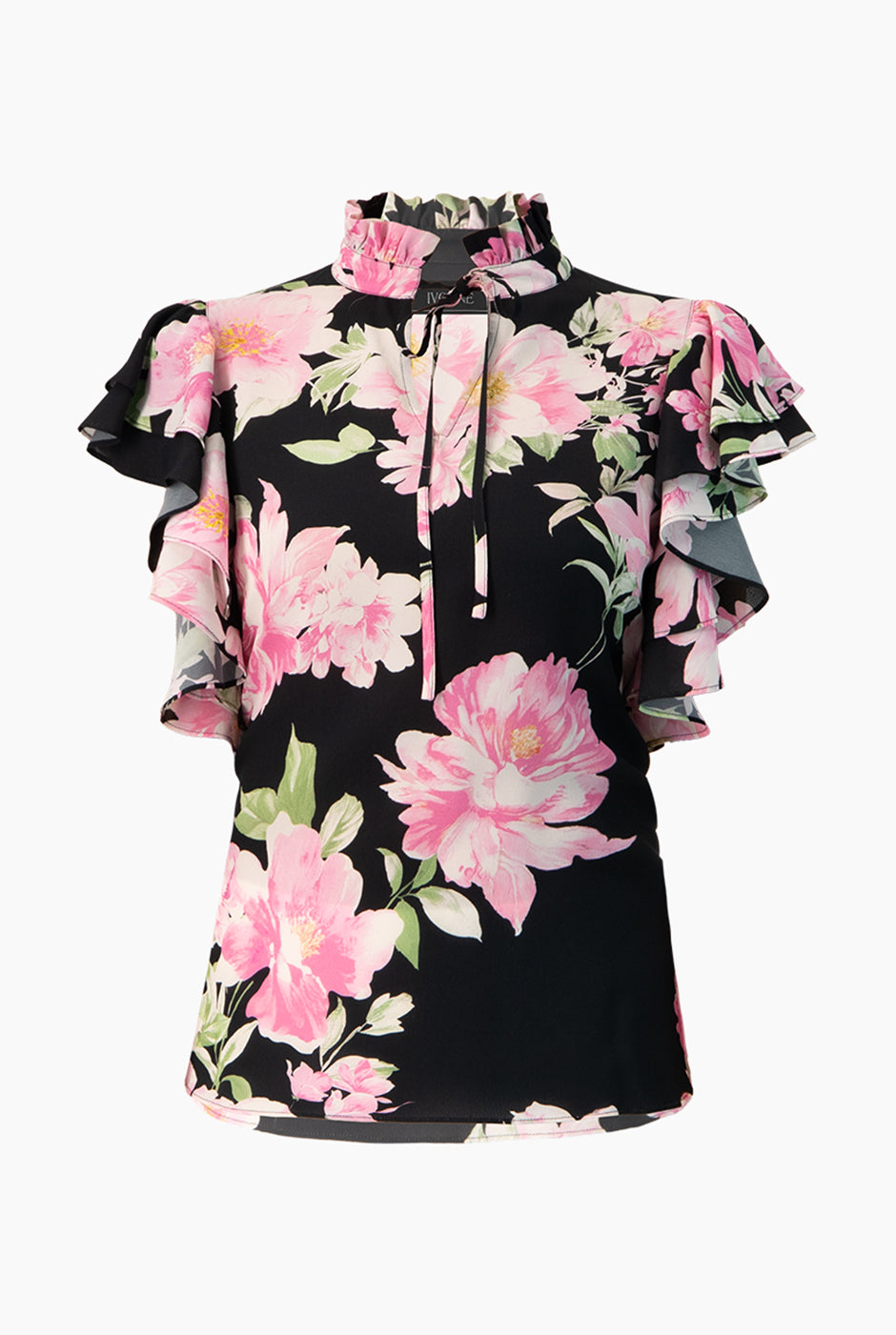 Blusa estampada floral con mangas volantes y cuello alto