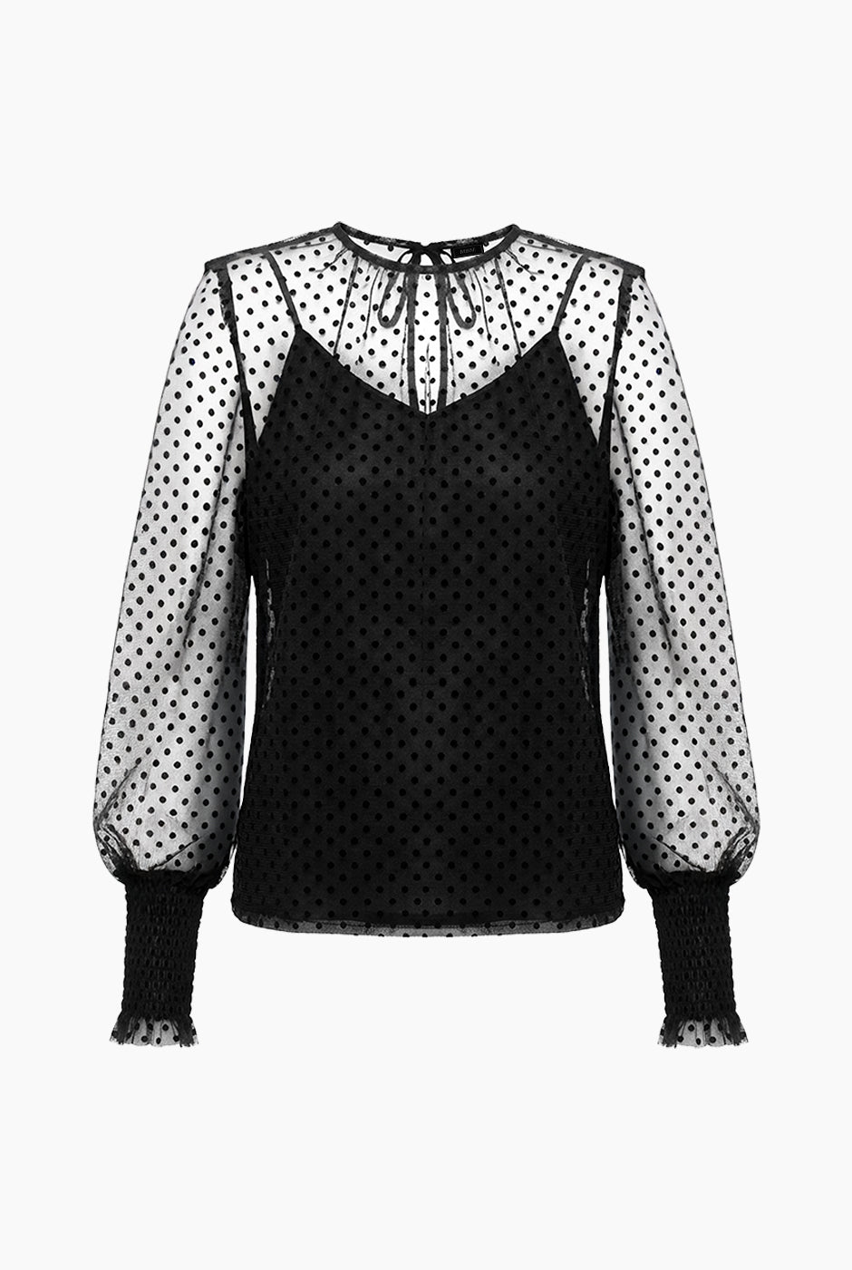 Blusa negra de lunares con mangas largas y smock