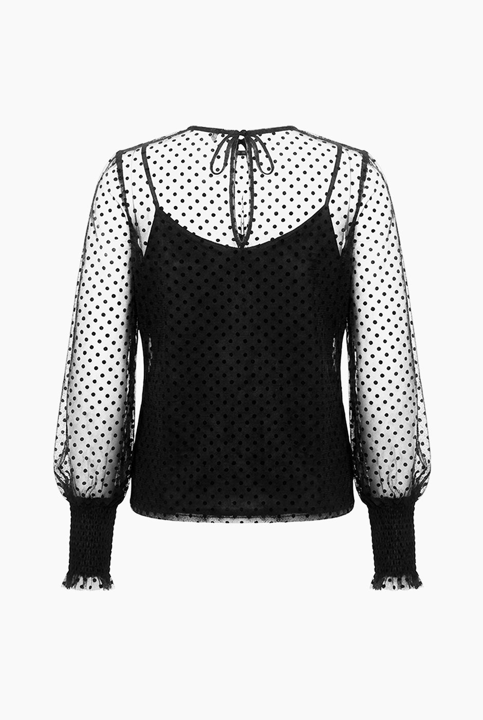 Blusa negra de lunares con mangas largas y smock