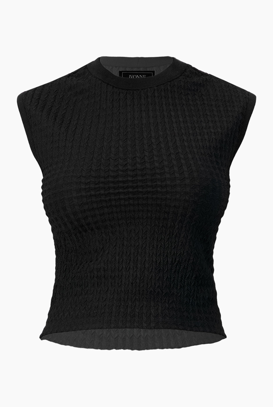 Blusa sin mangas tejida negra con textura y cuello redondo