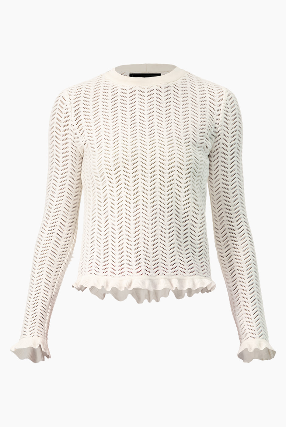 Blusa tejida marfil manga larga con olanes y cuello redondo