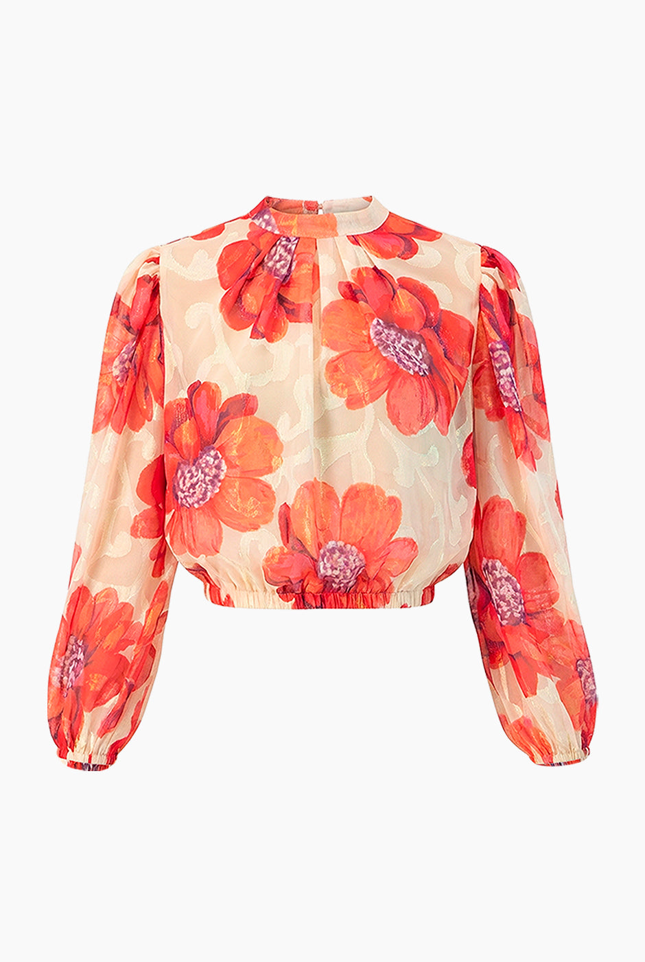 Blusa estampada floral con cuello redondo y manga larga